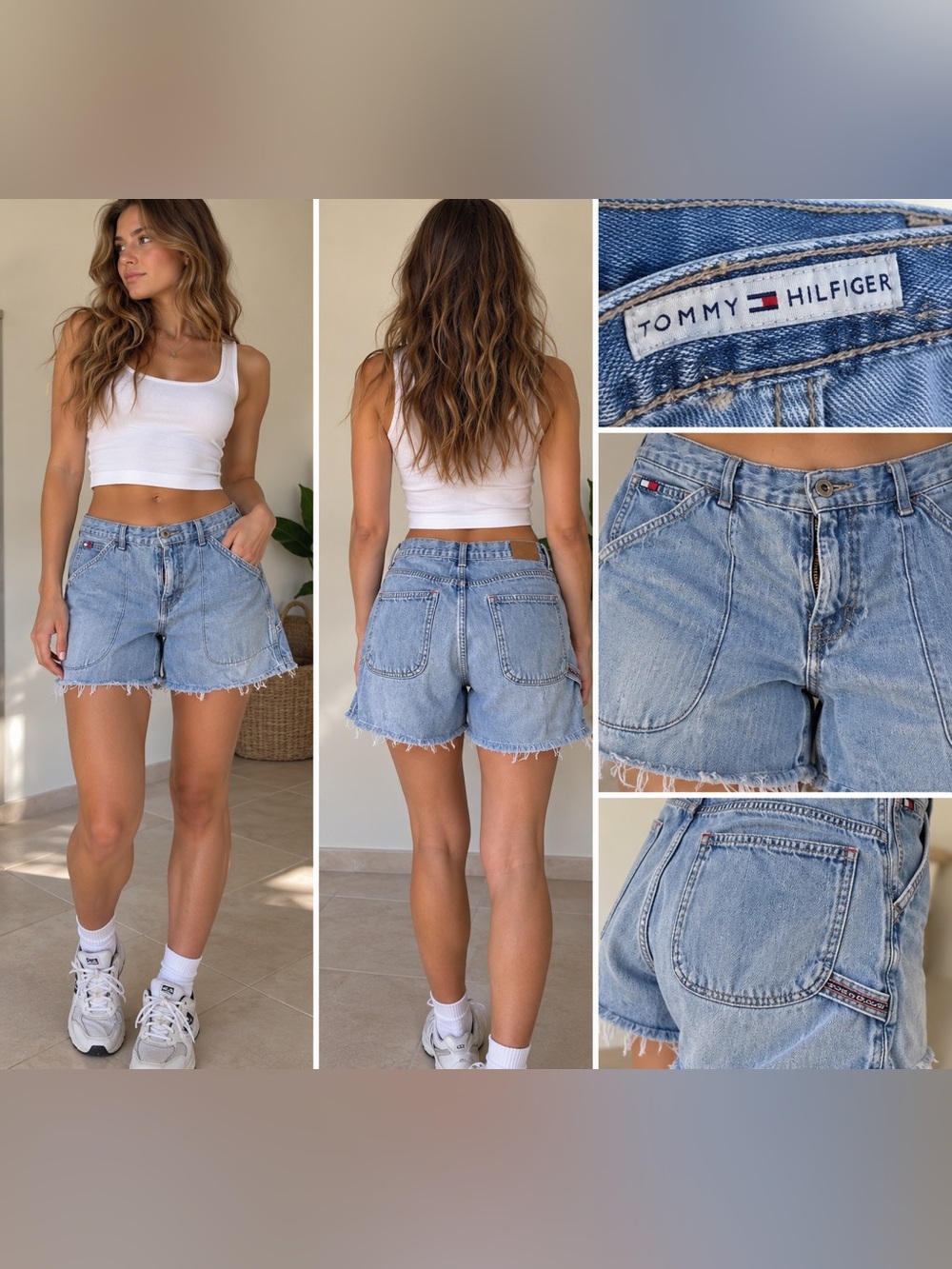 Tommy Hilfiger Jeans Light Wash Denim Carpenter Shorts Distressed Raw Hem